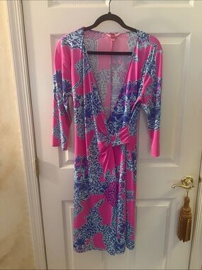 Lilly Pulitzer Pink and Blue Yvette Faux Wrap Midi Dress